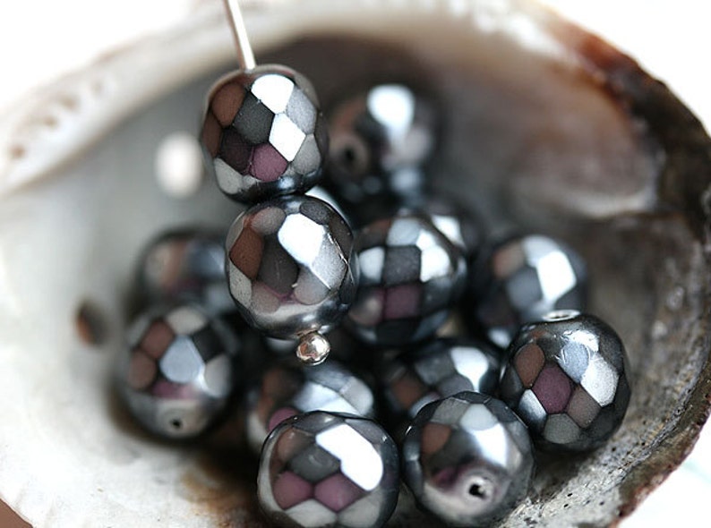 8mm Steel Grey beads, Dark Silver Czech glass faux pearls coating, fire polished round faceted beads 15Pc 2902 image 1