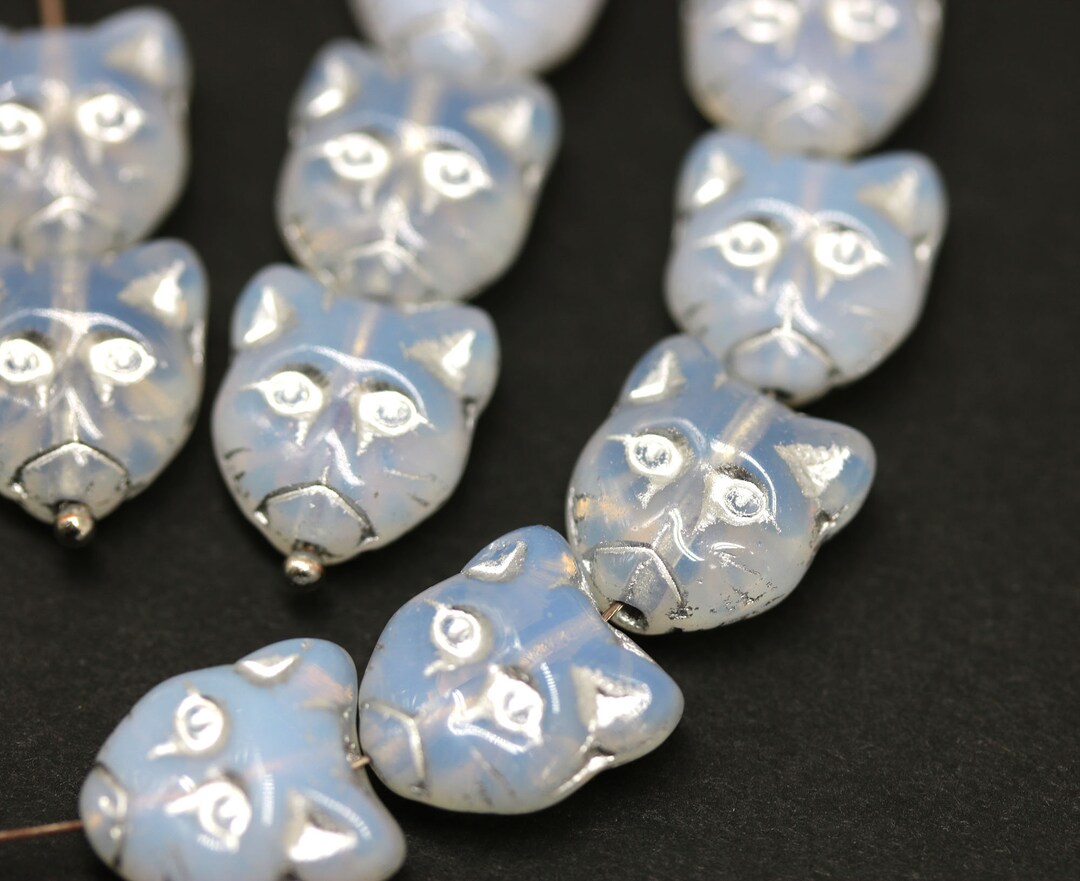 Opal White Cat Beads: Czech Glass Feline Beads With Silver Inlays (10pc ...