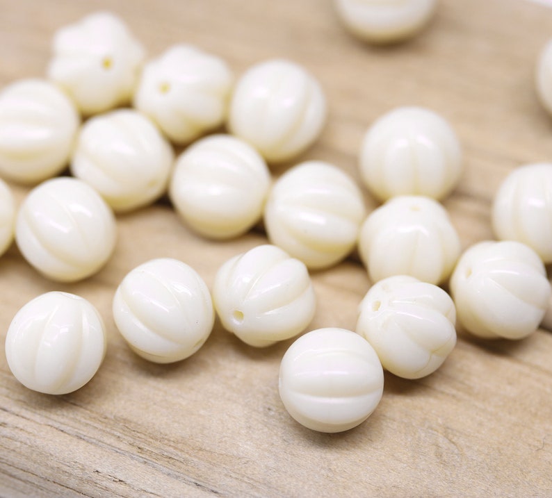 8mm Light beige czech glass round beads Melon shape carved beads spacers 20pc 5278 image 2