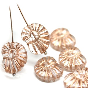 Nautilus Czech glass seashell beads, clear ammonite fossil copper wash 13x17mm, 6Pc 1777 image 2