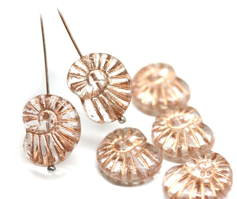 Nautilus Czech glass seashell beads, clear ammonite fossil copper wash 13x17mm, 6Pc 1777 image 2