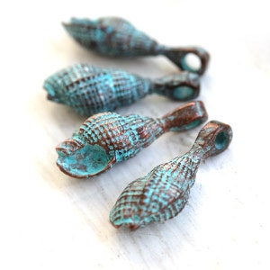 Cone Shell metal charm, Green patina on copper seashell bead, greek metal casting, Lead Free, nautical, 3D shell 4Pc F034 image 4