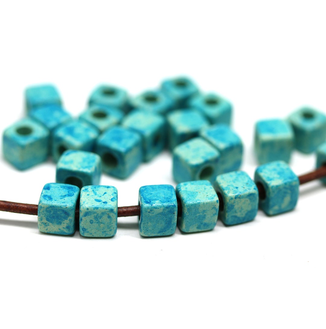 5mm Teal Ceramic Cube Beads for Leather Cord, 2mm Hole Square Beads