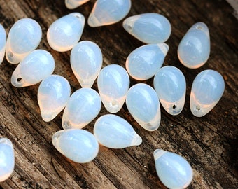 Opal white 6x9mm czech glass teardrop beads white drop beads, 30pc - 5075