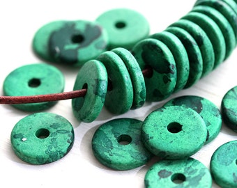 25Pc Greek Ceramic rondelle beads, Pine Green rondels, 13mm spacer Washer beads for leather cord - 2557