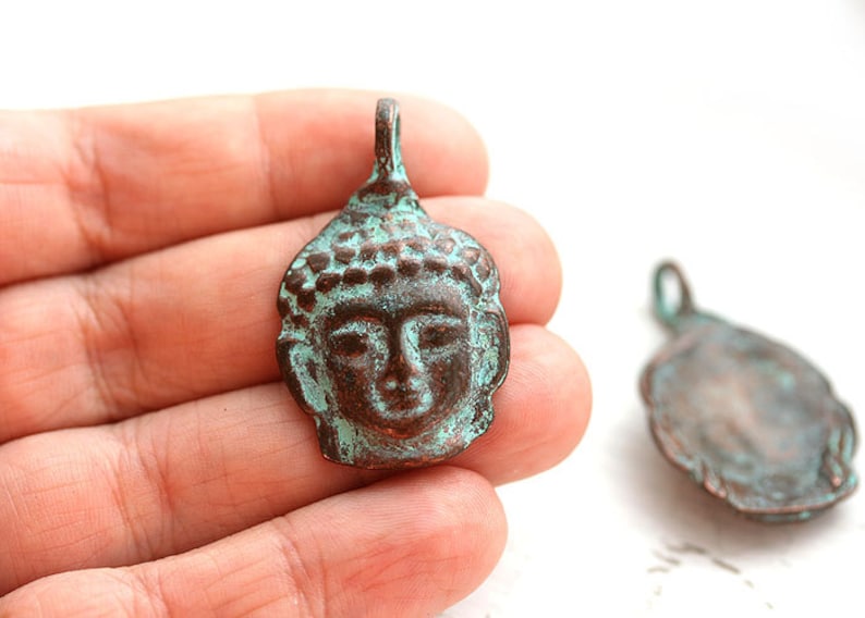 Buddha face pendant, Green patina on copper buddha charm, yoga jewelry, tibetan charm 1pc F121 image 4
