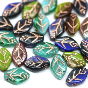 12x7mm Czech glass leaf beads mix copper wash green blue pressed leaves 30Pc - 2547