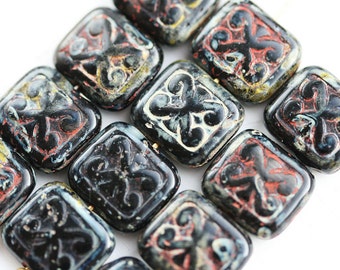 8pc Black Picasso beads, 12mm Rectangle Swirls, Carved czech glass rustic beads - 12x11mm - 1740