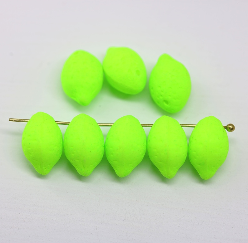 Lemon beads Czech glass lime fruit beads Vegan jewelry 14x10mm Light green neon