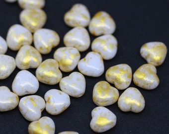 6mm White heart Czech glass beads gold wash, 30pc - 1694