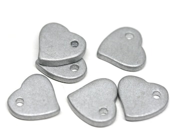 Silver heart charms, Ceramic heart beads, Silver hearts for jewelry making 12pc - 0398