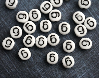 6 Number beads, white czech glass beads with black inlays, number 6 bead, symbol, 6mm - 25pc - 2468