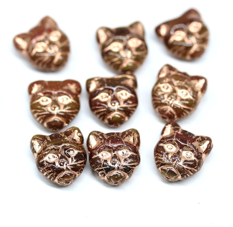 Copper wash czech glass feline kitty beads 10pc Brown cat head beads 3215