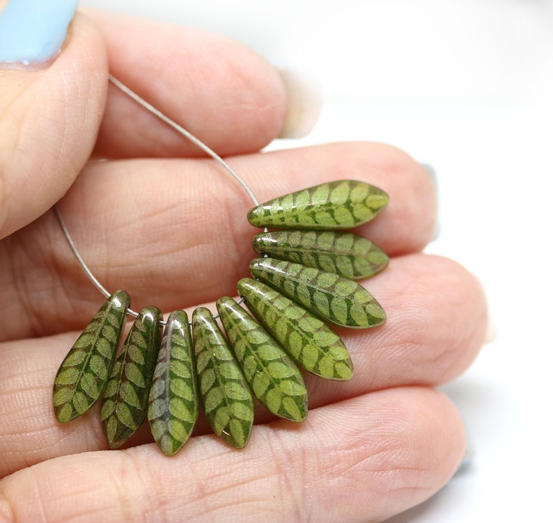 5x16mm Olive green Leaf ornament dagger czech glass beads Green leaf long tongue beads 10pc 2118 image 3