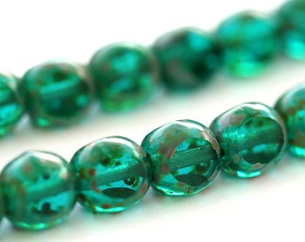 Blauwgroen groene Tsjechische glaskralen: Picasso-afwerking, 6 mm rond geslepen (30 st)