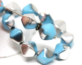 Blue Silver bicone beads 10mm czech glass bicones Blue glass beads Silver druk bicones - 15Pc - 0502