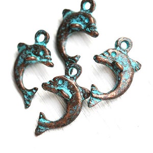4pc Dolphin charms Green patina copper jewelry charms Dolphin pendant Greek metal casting Nautical jewelry making - F268
