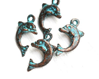 4pc Dolphin charms Green patina copper jewelry charms Dolphin pendant Greek metal casting Nautical jewelry making - F268