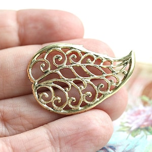 1pc Filigree Golden Leaf charm, Antique gold color Brass charm, gold leaf pendant, 35mm - F084