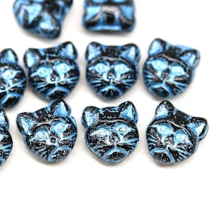 10pc Black cat beads, blue wash czech glass feline kitty beads side holes - 6077