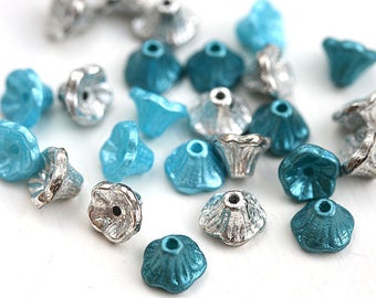 7x5mm Blue Silver Flower Cups beads Mix, Czech glass beads, small bell beads - 25Pc - 2958