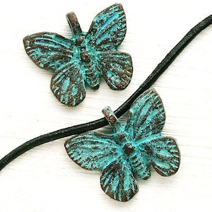 2Pc Green patina butterfly pendant beads Verdigris patina Copper butterfly charms greek beads for leather cord - F297