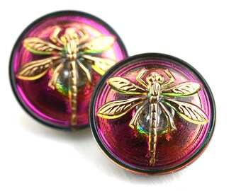 18mm Golden Dragonfly Czech Glass Button, Iridescent Dark Pink Handmade Button bead, size 8, 1pc - 1184