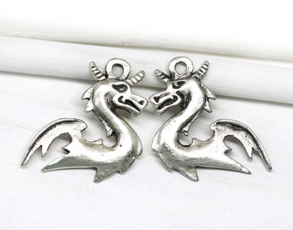 Antique Silver Dragon Charms, Greek Metal Casting Bead, Metal Dragon Pendant 2pc - 1183