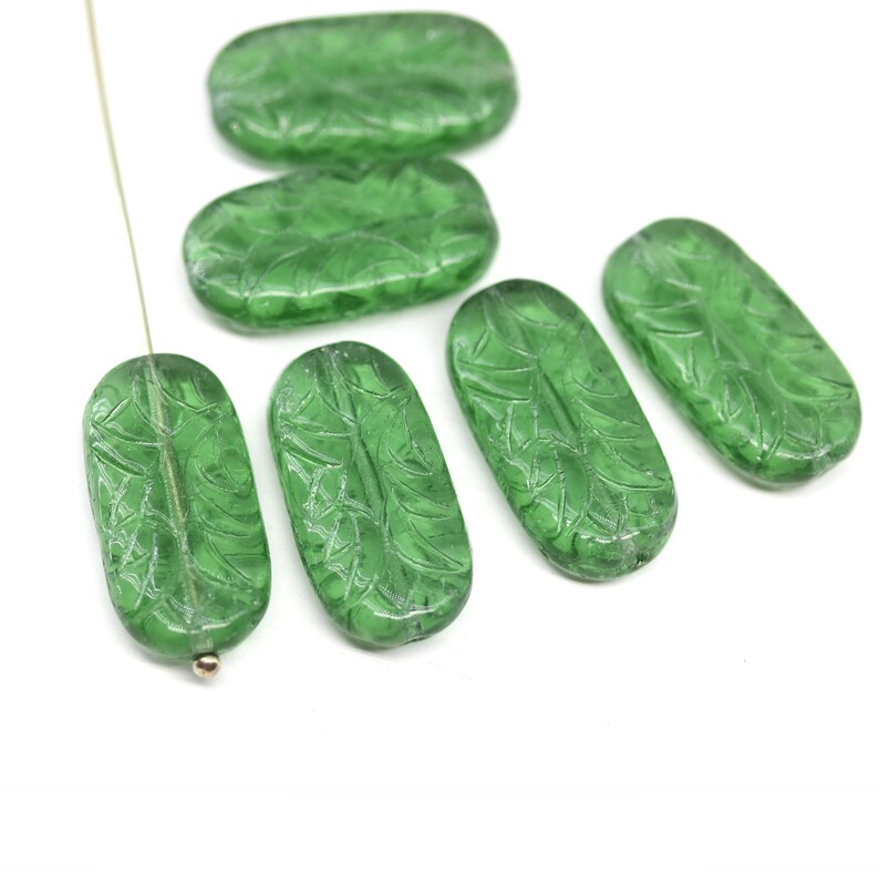 25x12mm Large antique green oval flat czech glass beads with ornament 6pc 5800 image 5