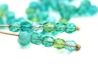 4mm Green Czech glass beads mix - Teal Green Ocean colored spacers Mix - faceted fire polished round beads - 50Pc - 1628