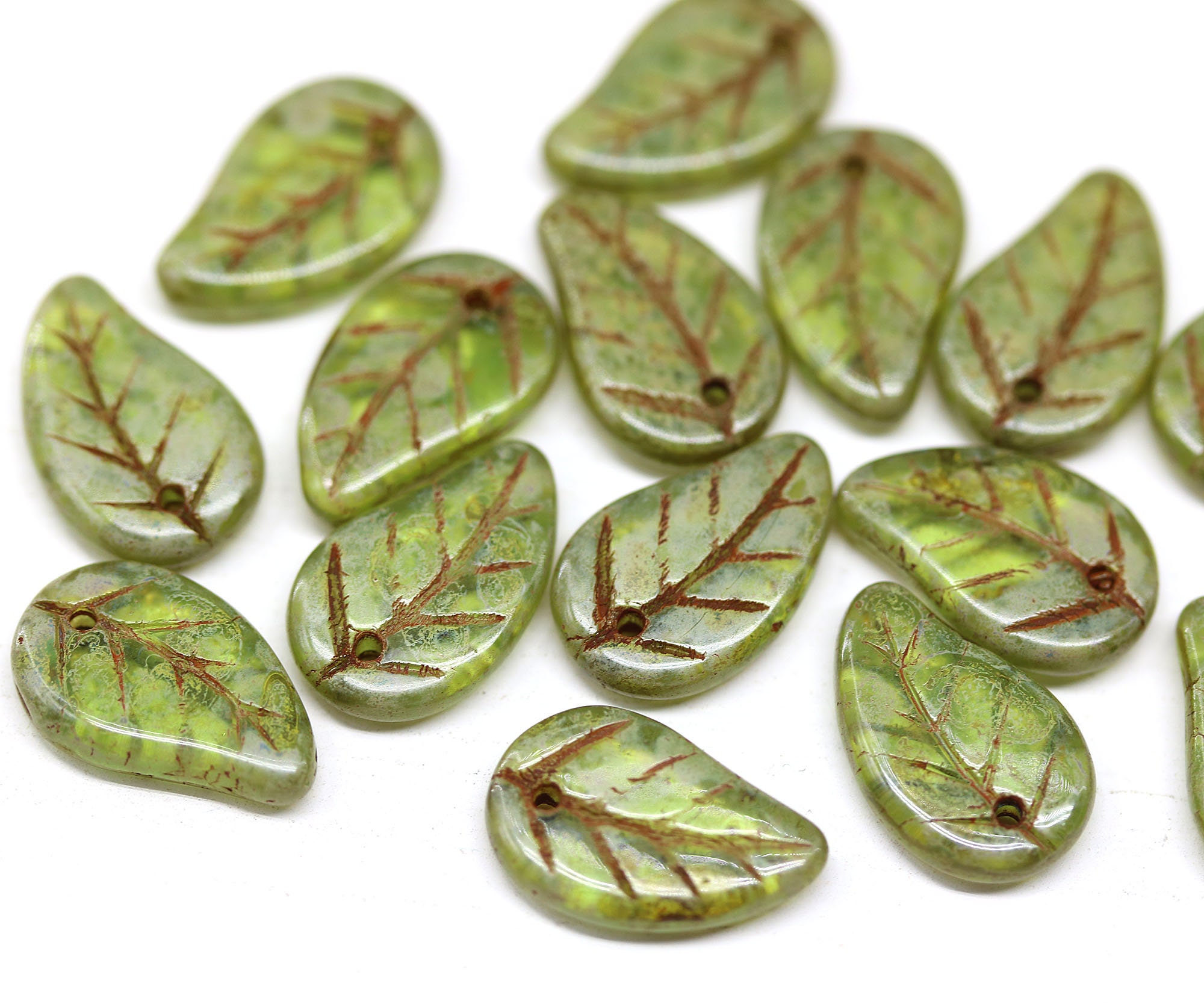 Leaf Czech Glass Beads, 12x14mm, Olive Green – EOS Designs Studio