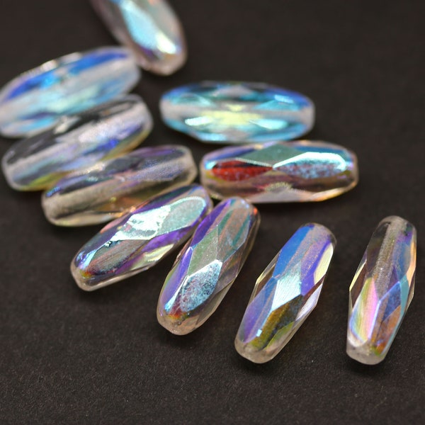 Perles bicônes longues en verre tchèque cristallin 15 x 6 mm Spaghetti polies au feu 10 pièces - 2729