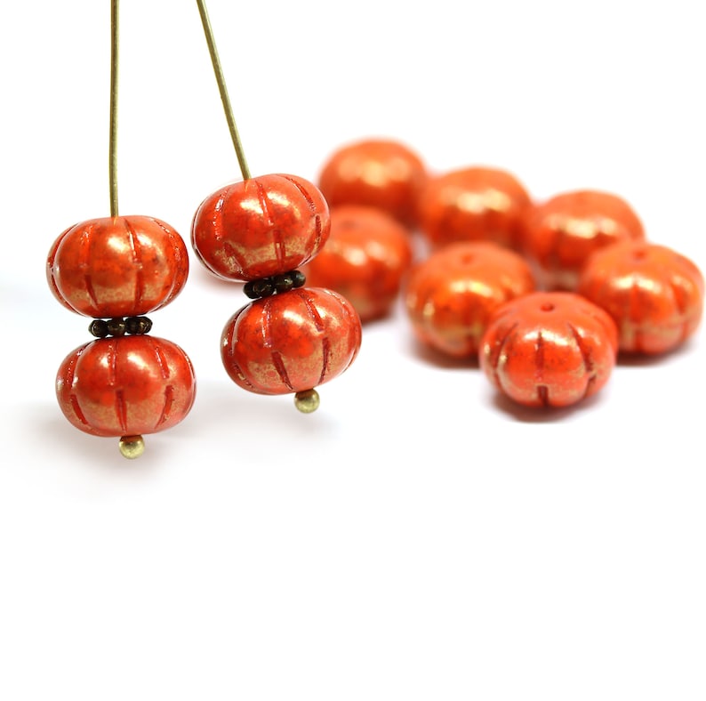 Orange pumpkin beads rustic luster 7x11mm rondelle Czech glass carved pressed beads 5449 image 8