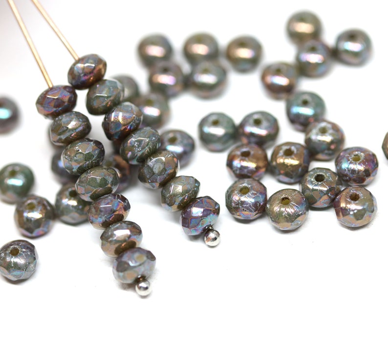 3x5mm Gray czech glass rondel beads, Mother of pearl shine gemstone cut rondelle bead 50Pc 2521 image 7