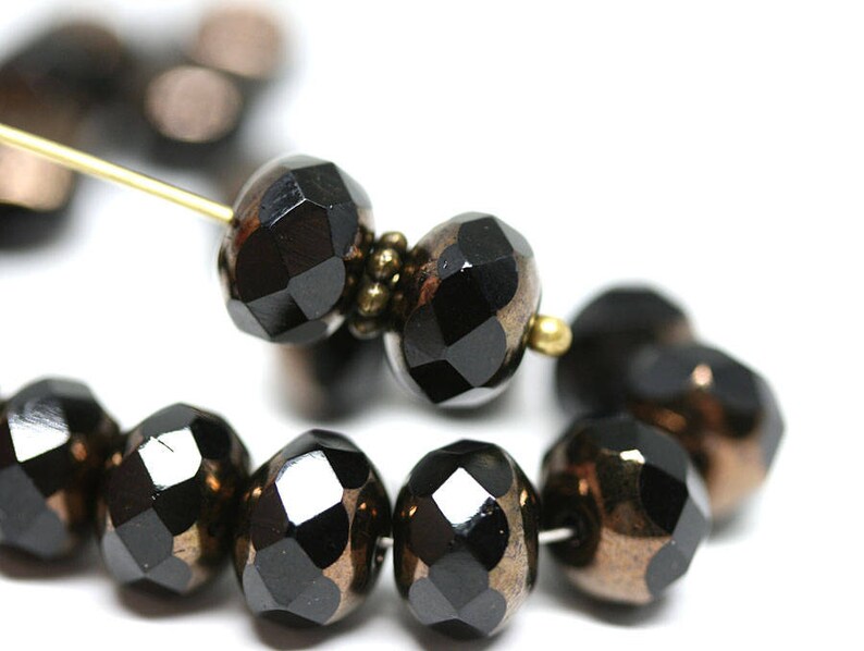 12Pc 1809 Black rondelle bead Black czech glass beads Dark Gold luster 6x8mm gemstone cut fire polished rondels