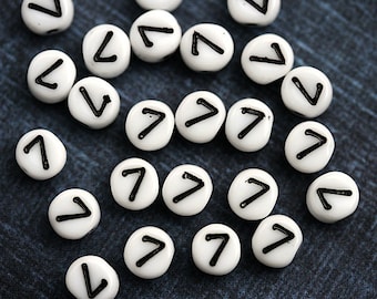 7 Number beads, white czech glass beads with black inlays, number 7 bead, symbol, 6mm - 25pc - 2469