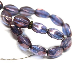 9x6mm Blue Purple oval beads, Purple twisted oval glass beads, Blue czech glass barrel beads, Druk oval beads - 30Pc - 2029