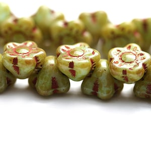 25pc Button style Flower beads, Picasso Rustic Green, Czech glass floral beads - 7mm - 1824