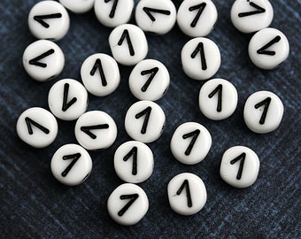 1 Number beads, white czech glass beads with black inlays, number 1 bead, symbol, 6mm - 25pc - 2463