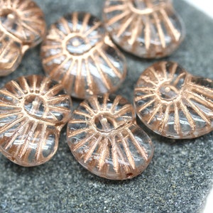 Nautilus Czech glass seashell beads, clear ammonite fossil copper wash 13x17mm, 6Pc 1777 image 3