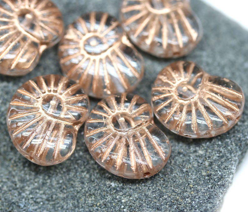 Nautilus Czech glass seashell beads, clear ammonite fossil copper wash 13x17mm, 6Pc 1777 image 3