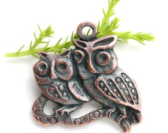 Copper Owl Pendant bead, Two owl birds on branch focal bead, Baby owl, Woodland jewelry ,Greek metal casting, Lead Free, 1Pc - F055