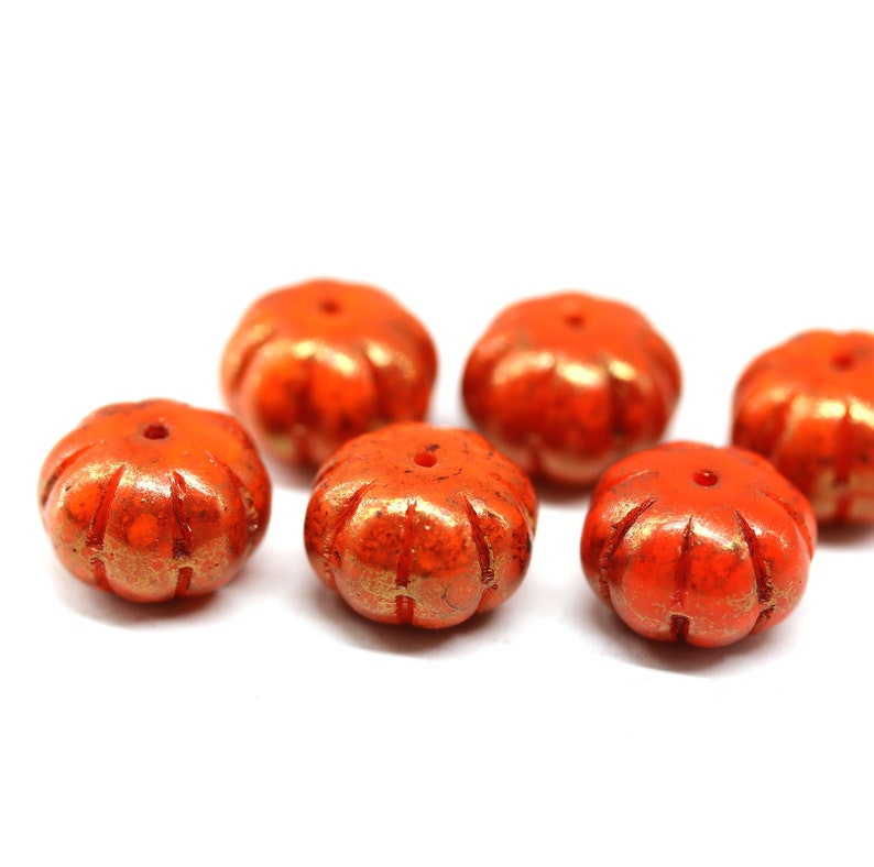 Orange pumpkin beads rustic luster 7x11mm rondelle Czech glass carved pressed beads 5449 image 2