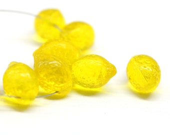 Yellow lemon Czech glass beads transparent yellow 14x10mm fruit beads Top drilled 8pc - 2642