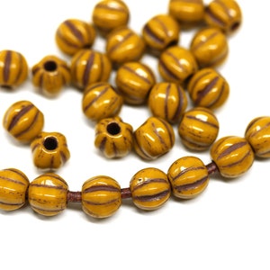 Ocher Yellow Striped Czech Glass Melon Beads (30pc)