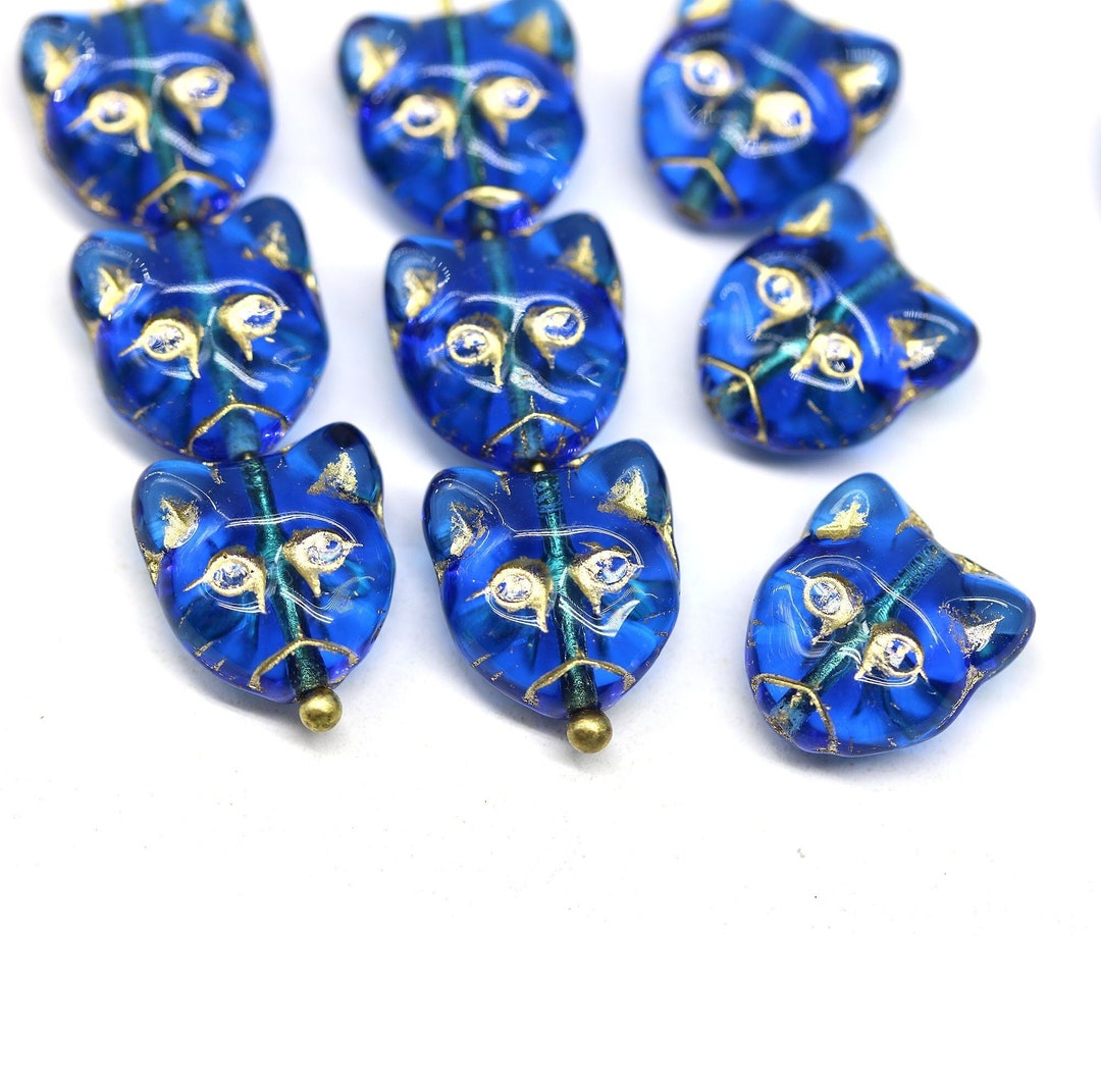 Dark Blue Cat Beads Czech Glass Feline Kitten Beads Gold Inlays 10pc ...