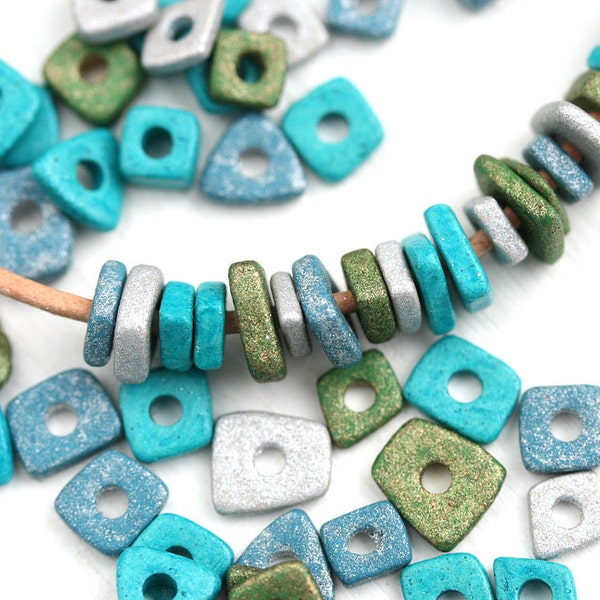 Ceramic chip beads MIX - Hidden Island - Greek spacers, Blue, Teal, Green, Silver, tiny washer beads, 5mm - approx.70pc - 2701