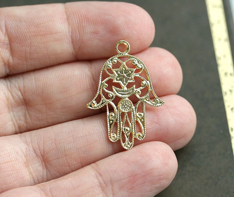 Golden Hamsa hand charm Filigree raw brass pendant Healing hand Protection symbol 1Pc F091 image 3