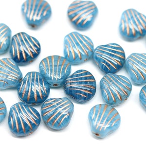 Blue glass shell beads copper wash 9mm Blue czech beads center drilled, 20pc 4088 image 2