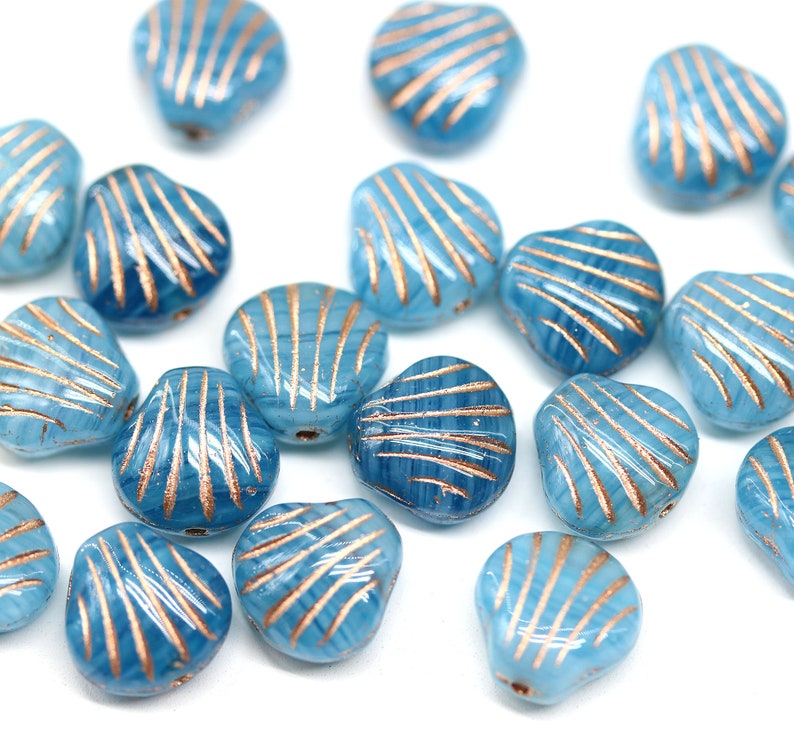 Blue glass shell beads copper wash 9mm Blue czech beads center drilled, 20pc 4088 image 2